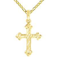 Load image into Gallery viewer, 14k Yellow Gold Small Textured Christian Orthodox 3D Cross Pendant with Figaro Necklace
