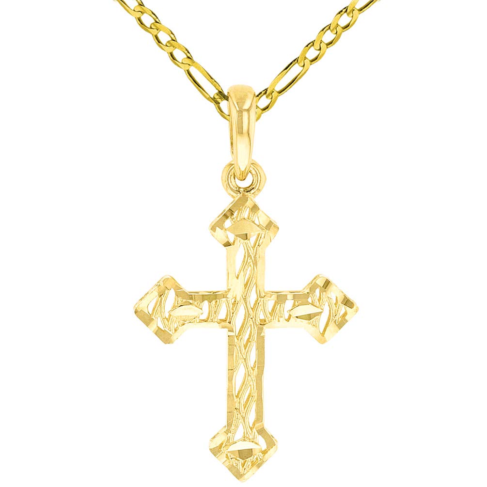 14k Yellow Gold Small Textured Christian Orthodox 3D Cross Pendant with Figaro Necklace