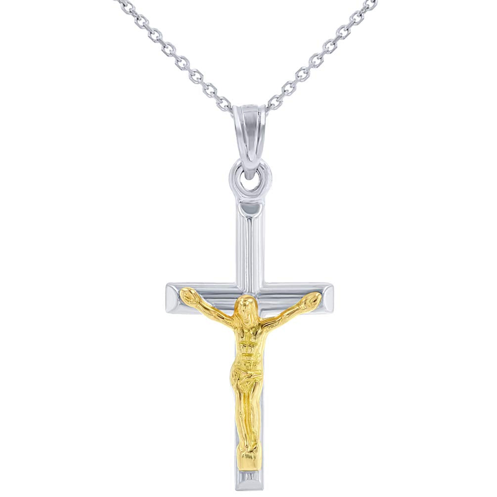 14k White Gold Small Tube Cross Charm Two-Tone Jesus Crucifix Pendant Necklace