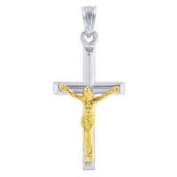 Load image into Gallery viewer, 14k White Gold Small Tube Cross Charm Two-Tone Jesus Crucifix Pendant Necklace
