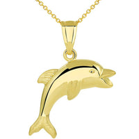 Load image into Gallery viewer, 14k Yellow Gold Polished Smiling and Jumping 3D Dolphin Pendant with Cable, Cuban Curb, or Figaro Chain Necklaces

