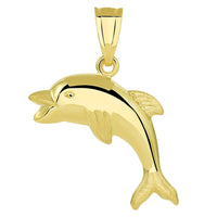 Load image into Gallery viewer, 14k Yellow Gold Polished Smiling and Jumping 3D Dolphin Pendant with Cable, Cuban Curb, or Figaro Chain Necklaces
