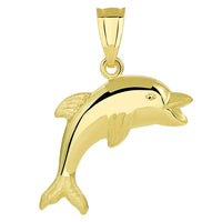 Load image into Gallery viewer, 14k Yellow Gold Polished Smiling and Jumping 3D Dolphin Pendant with Cable, Cuban Curb, or Figaro Chain Necklaces
