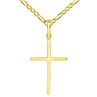 Load image into Gallery viewer, 14k Yellow Gold Solid Slender Slope Christian Cross Pendant with Figaro Necklace
