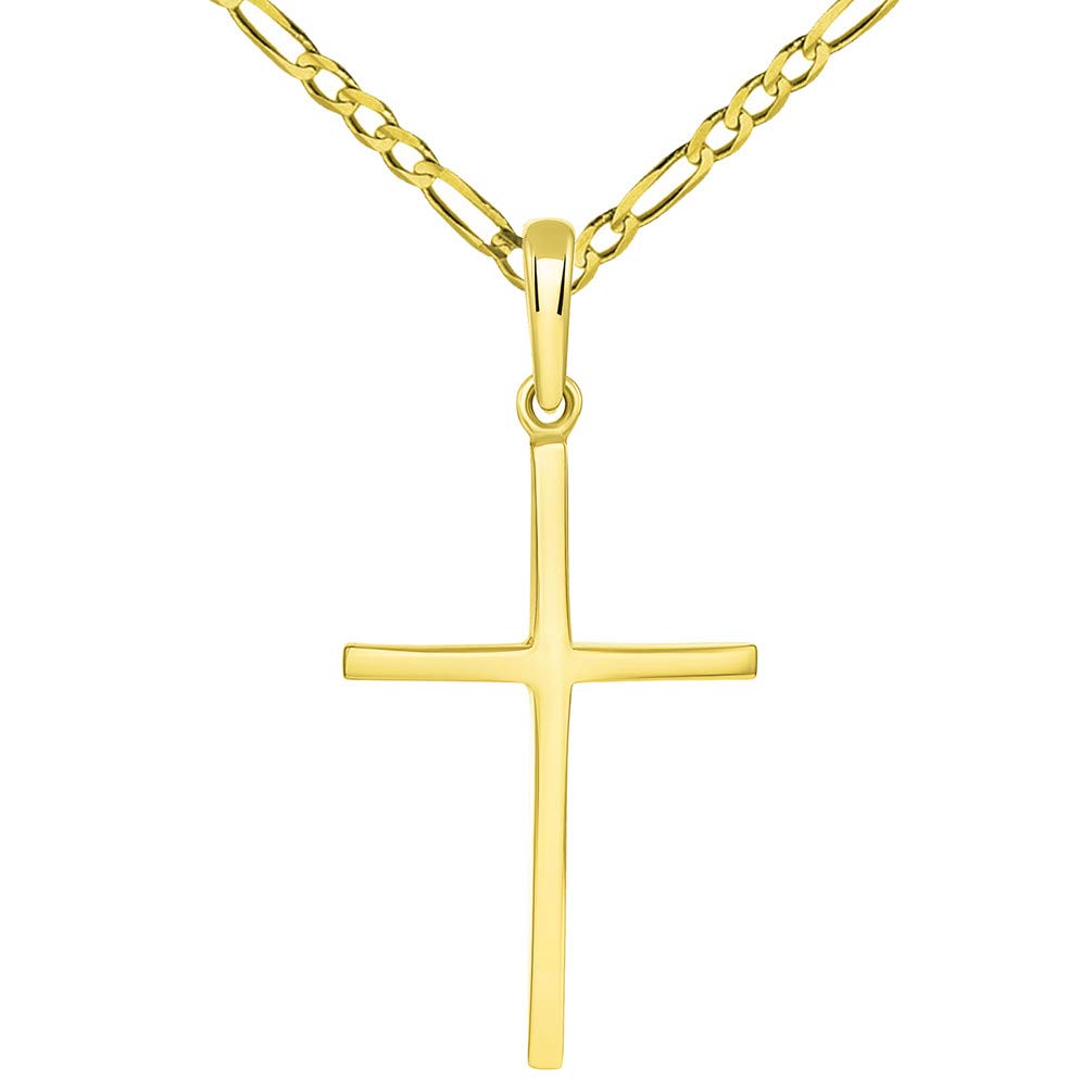 14k Yellow Gold Solid Slender Slope Christian Cross Pendant with Figaro Necklace