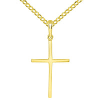 Load image into Gallery viewer, 14k Yellow Gold Solid Slender Slope Christian Cross Pendant with Cuban Necklace
