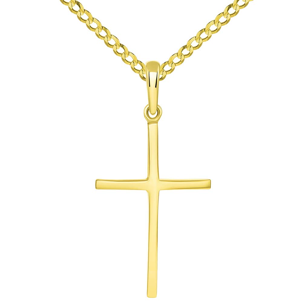 14k Yellow Gold Solid Slender Slope Christian Cross Pendant with Cuban Necklace