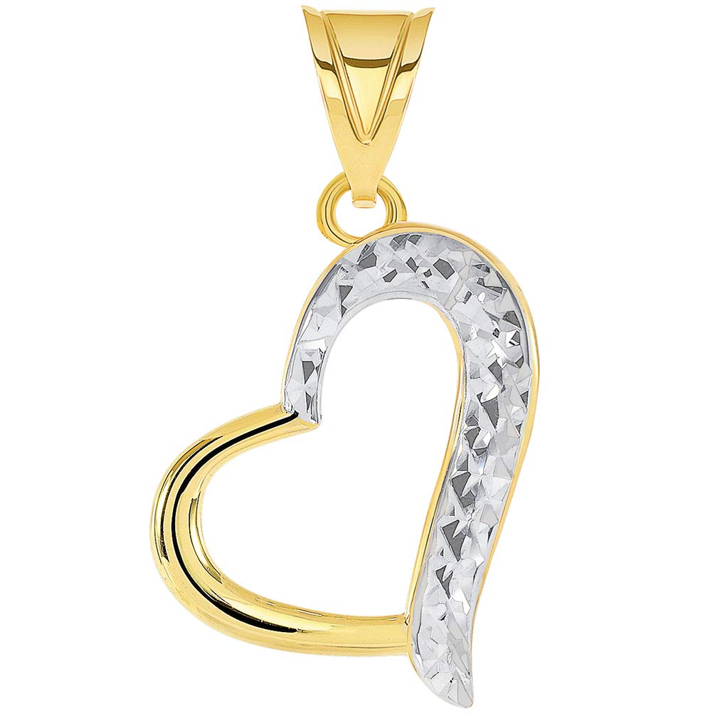 14k Yellow Gold High Polished and Sparkle Cut Two-Tone Curved Open Heart Pendant