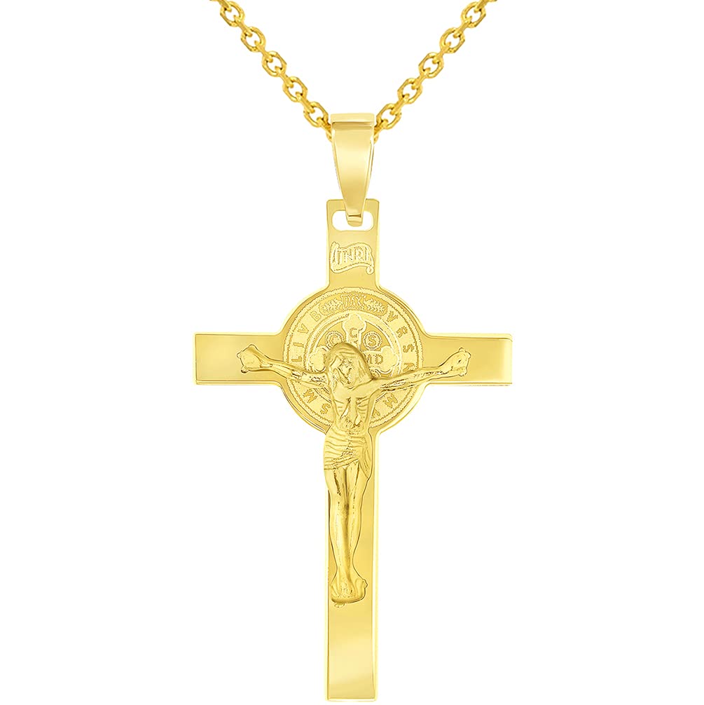 Solid 14k Yellow Gold St. Benedict Crucifix INRI Jesus Cross Pendant Necklace (1.65")