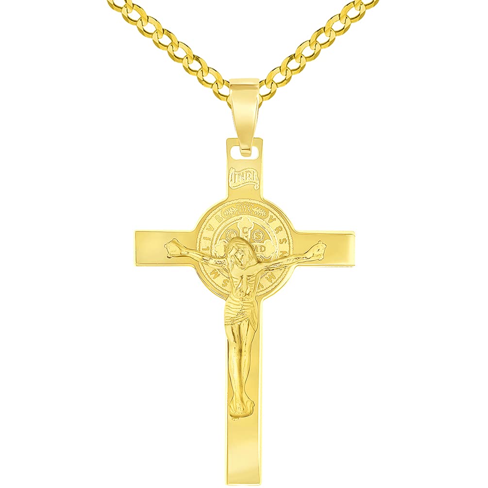 Solid 14k Yellow Gold St. Benedict Crucifix INRI Jesus Cross Pendant with Cuban Chain Curb Necklace (1.65")