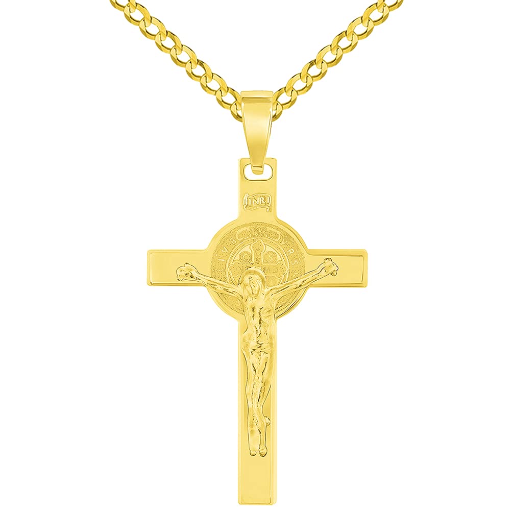 Solid 14k Yellow Gold St. Benedict Crucifix INRI Jesus Cross Pendant with Cuban Chain Curb Necklace (1.25")
