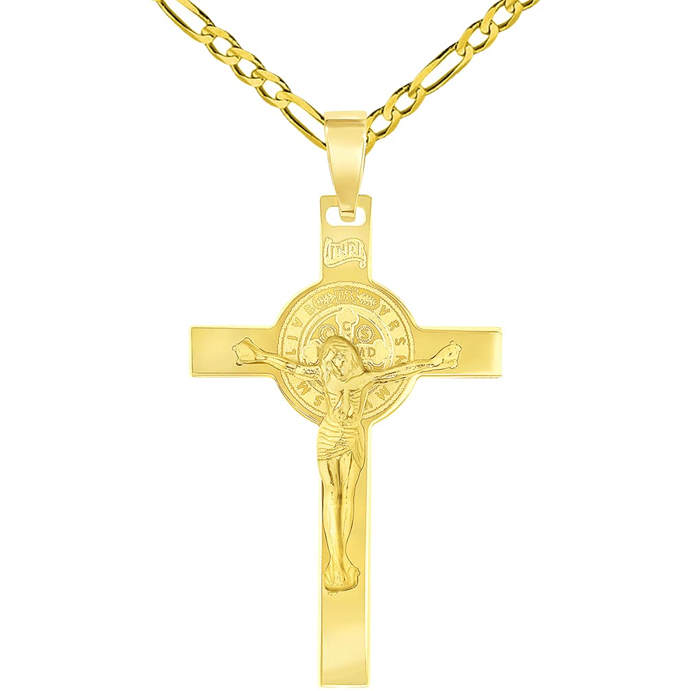 Solid 14k Yellow Gold St. Benedict Crucifix INRI Jesus Cross Pendant with Figaro Chain Necklace (1.65")