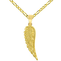 Load image into Gallery viewer, Solid 14k Yellow Gold Textured Angel Wing Charm Pendant with Cable, Curb or Figaro Chain Necklace
