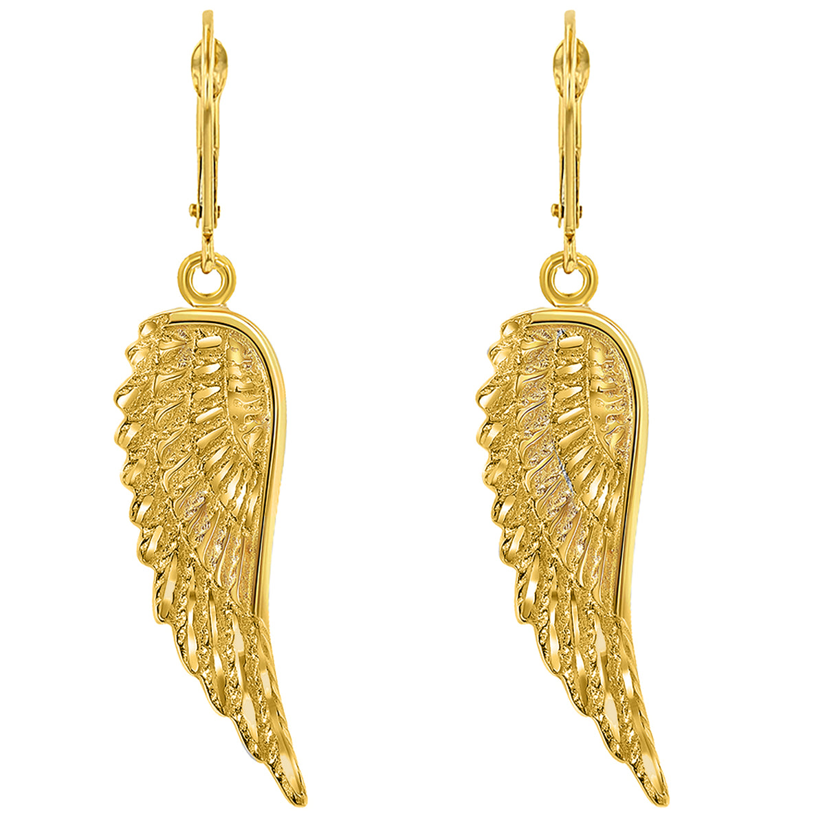 14k Yellow Gold Textured Angel Wing Dangling Earring with Leverback