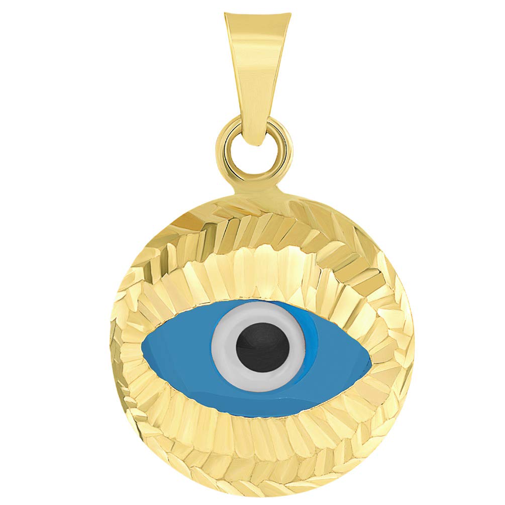14k Yellow Gold Textured Blue Evil Eye Pendant Protection Charm (18.5 mm x 12.3 mm)