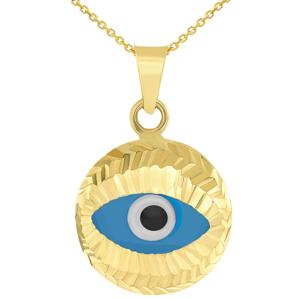 14k Yellow Gold Textured Blue Evil Eye Pendant Protection Charm Necklace