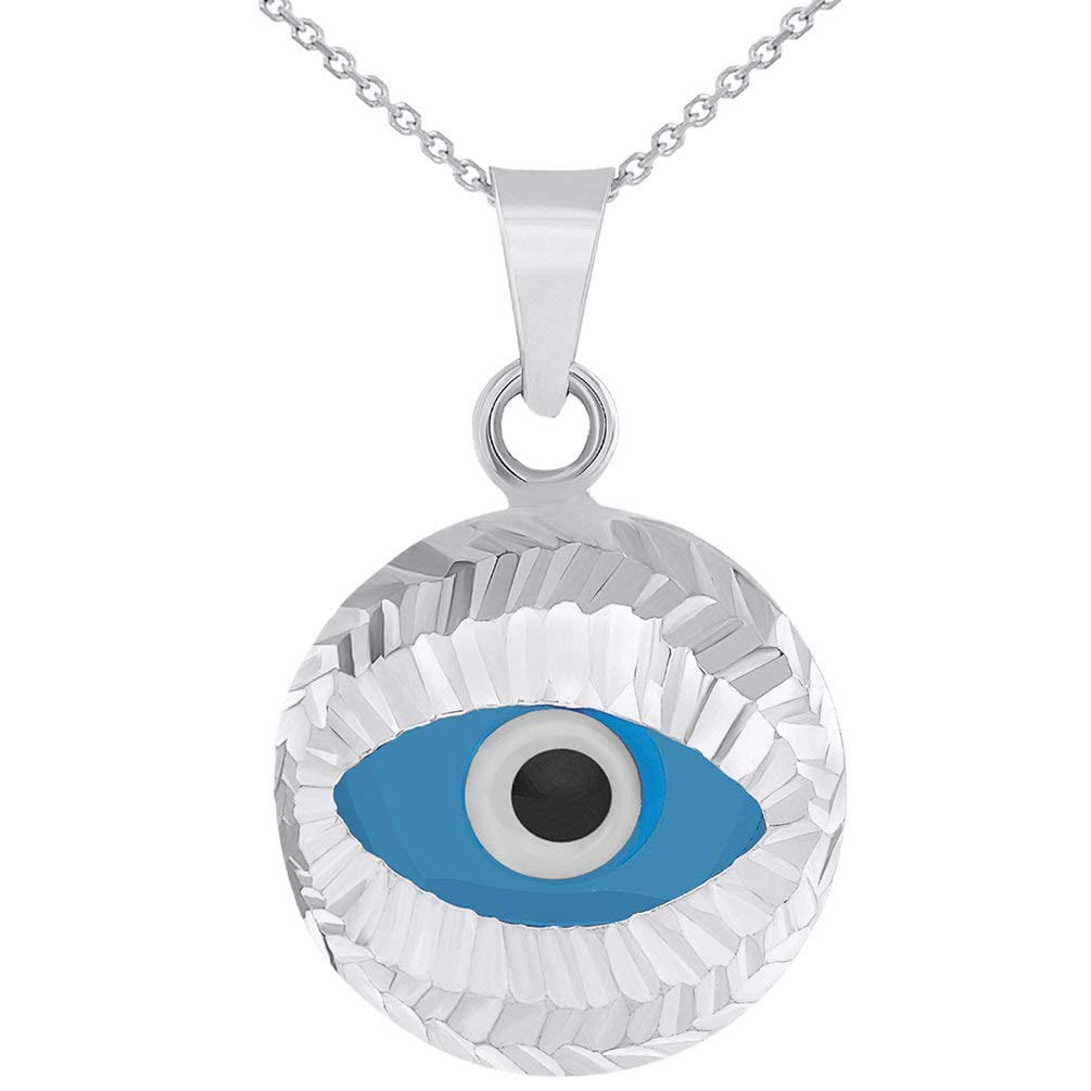 14k White Gold Textured Blue Evil Eye Pendant Protection Charm Necklace