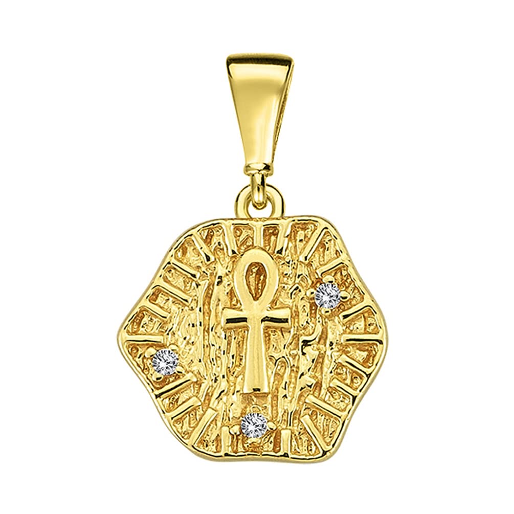 14k Yellow Gold Textured CZ Egyptian Ankh Cross Talisman Pendant (Small)