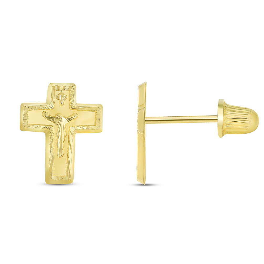 14k Yellow Gold Textured Christian Cross Crucifix Stud Earrings with Screw Back