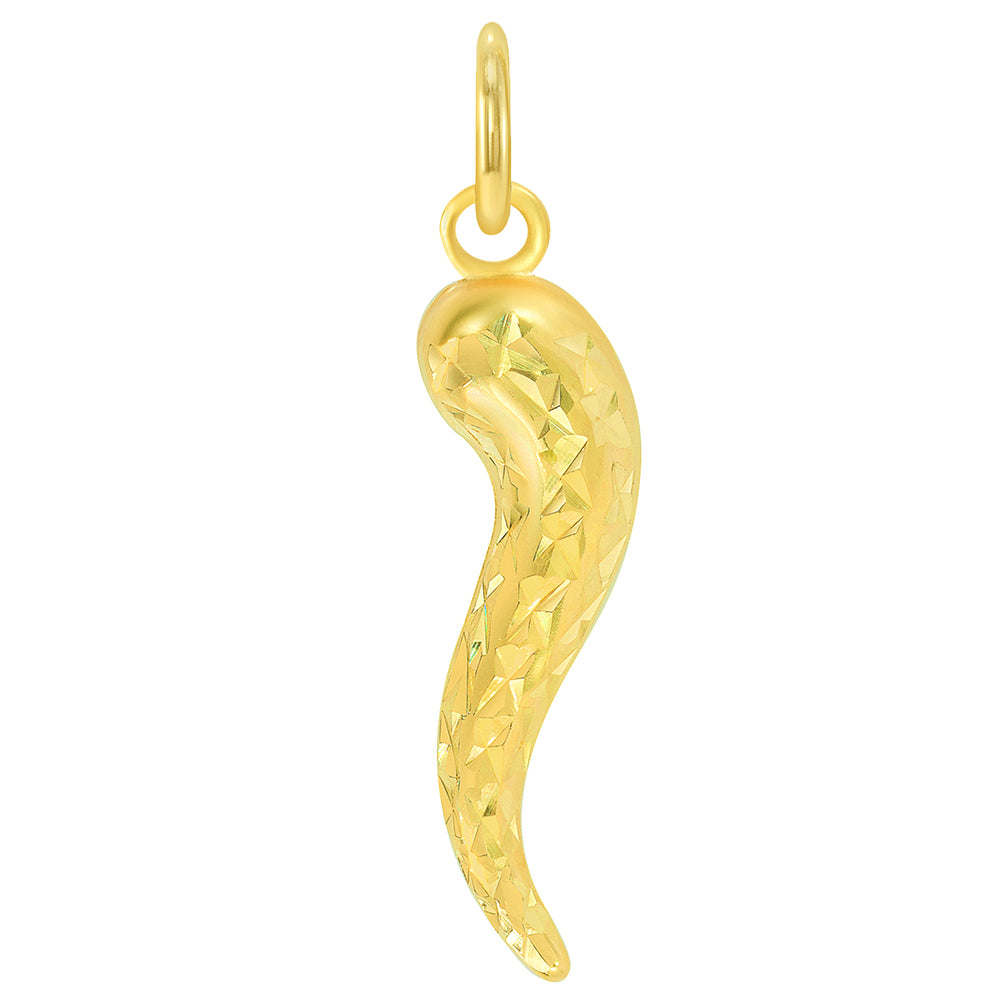 14k Yellow Gold Textured Dainty Mini Cornicello Horn Charm Pendant