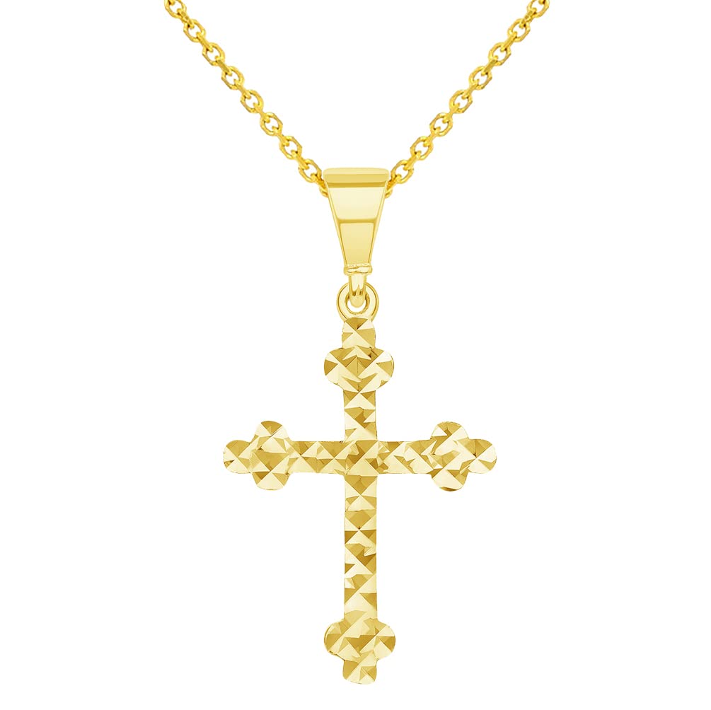 Solid 14k Yellow Gold Textured Dainty Religious Orthodox Cross Charm Pendant Necklace