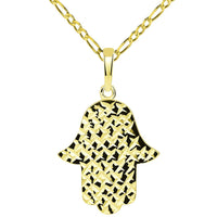 Load image into Gallery viewer, 14k Yellow Gold Textured Elegant Hamsa Hand of God Pendant with Figaro Necklace
