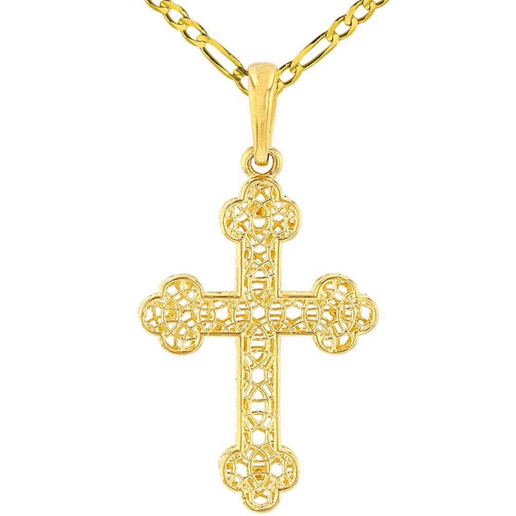 14k Yellow Gold Textured Filigree Eastern Orthodox Cross Pendant with Figaro Necklace