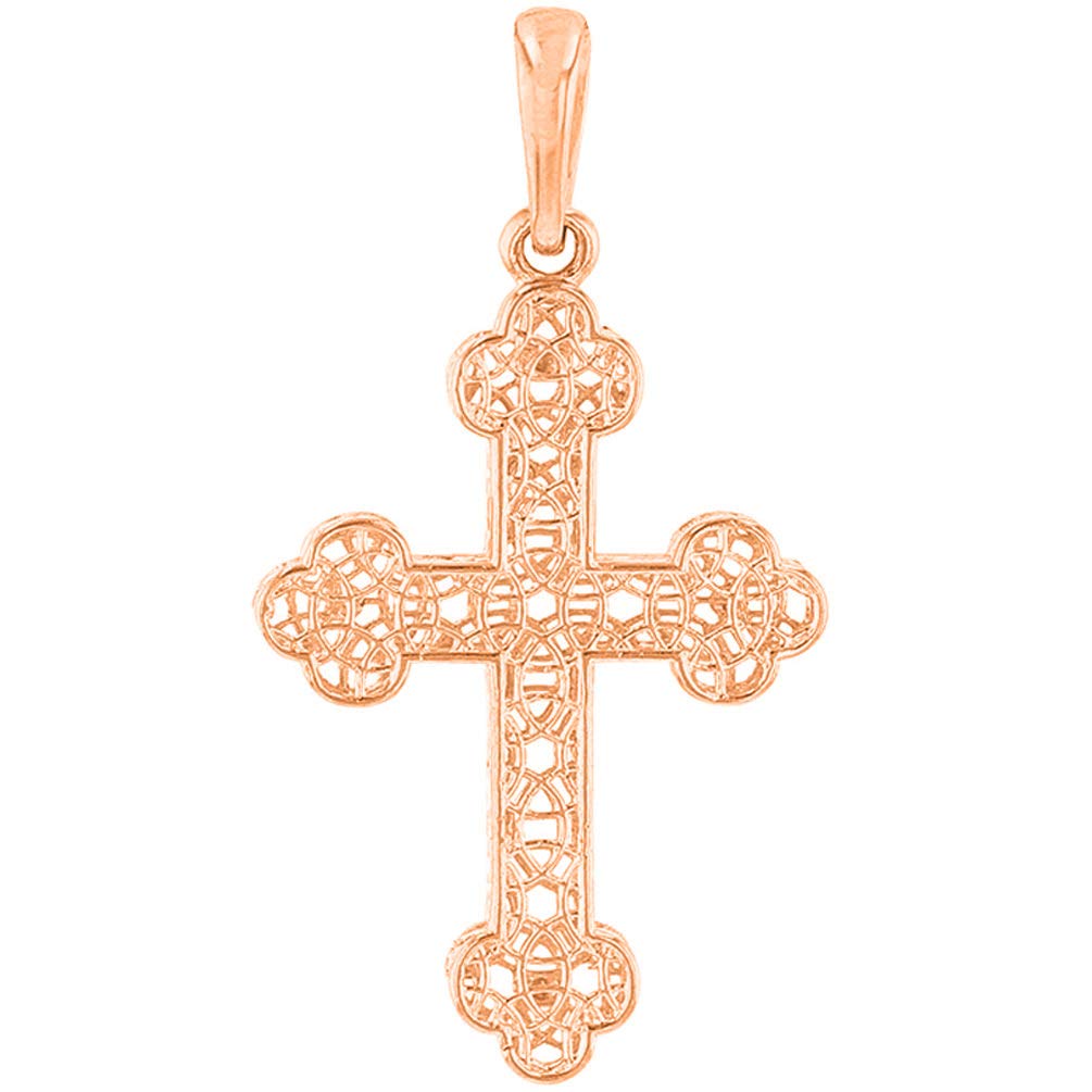 14k Rose Gold Textured Filigree Eastern Orthodox Cross Pendant