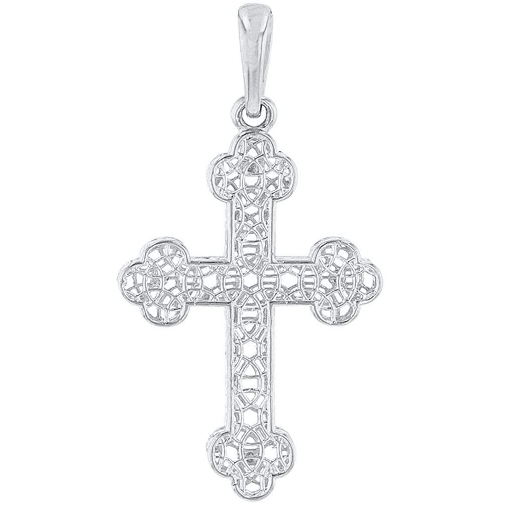 14k White Gold Textured Filigree Eastern Orthodox Cross Pendant