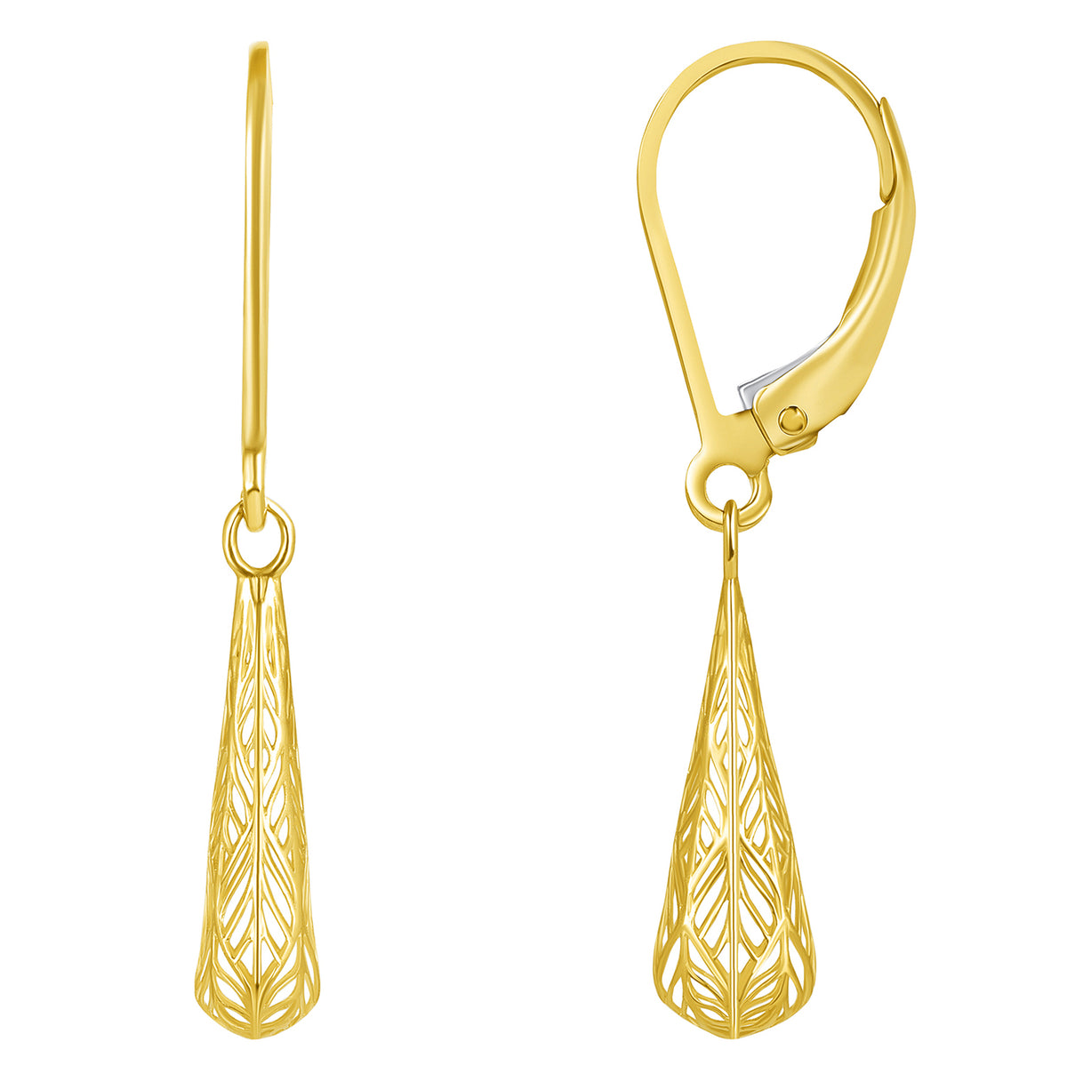 14k Yellow Gold Textured Filigree Teardrop Dangle Drop Earrings, 5mm