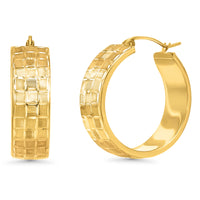 Load image into Gallery viewer, 14k Yellow Gold Textured Flat Hoops Wide Earrings with Latch Back - 3 Sizes
