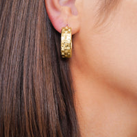 Load image into Gallery viewer, 14k Yellow Gold Textured Flat Hoops Wide Earrings with Latch Back - 3 Sizes
