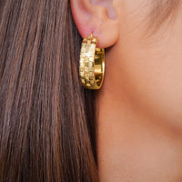 Load image into Gallery viewer, 14k Yellow Gold Textured Flat Hoops Wide Earrings with Latch Back - 3 Sizes
