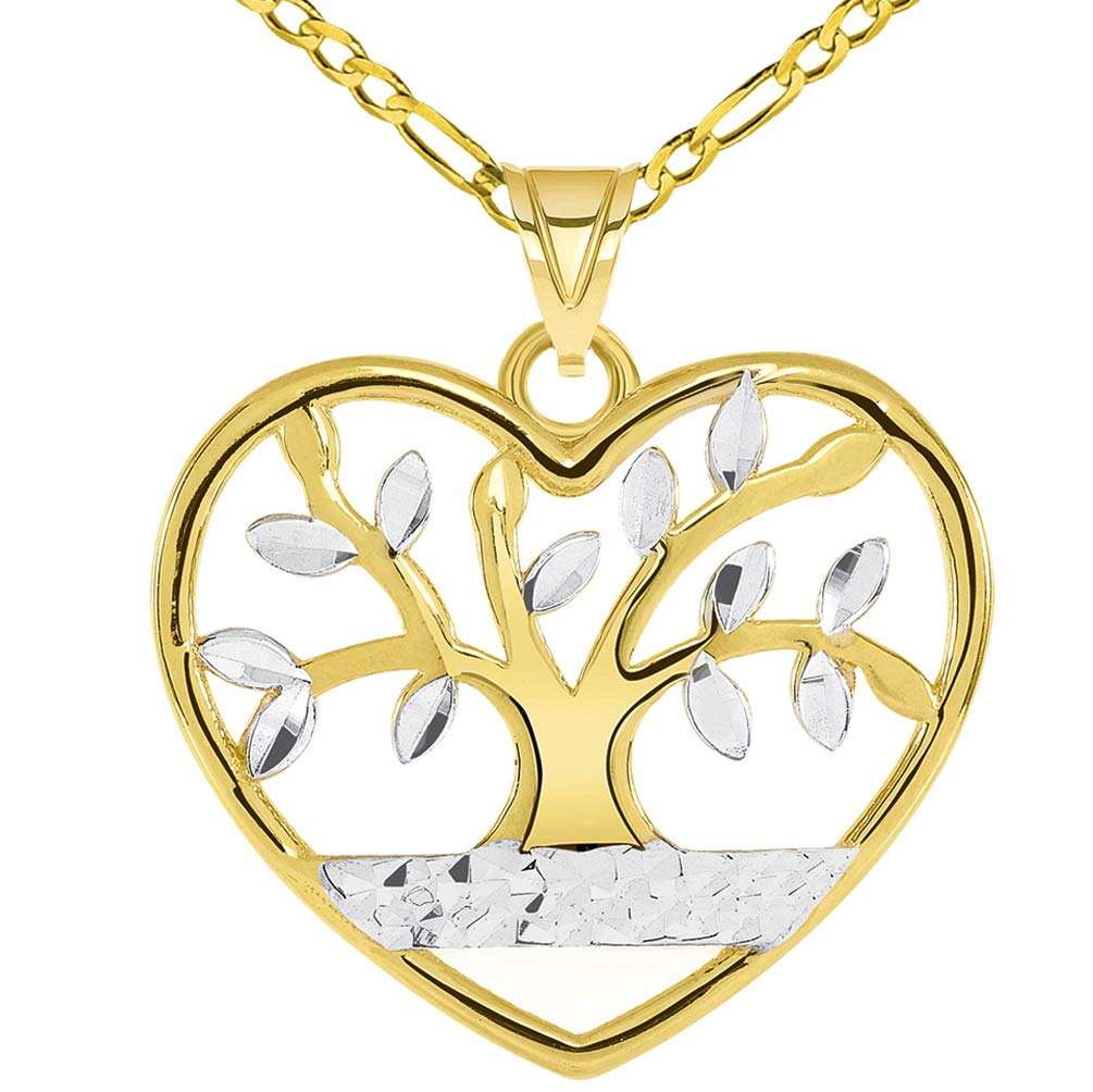 14k Gold Textured Heart Shaped Two Tone Tree of Life Pendant with Figaro Chain Necklace - Yellow Gold