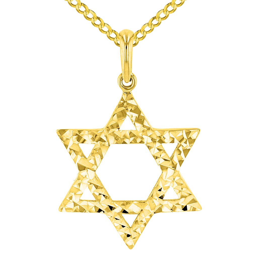 Solid 14k Yellow Gold Textured Hebrew Jewish Star of David Pendant Cuban Necklace