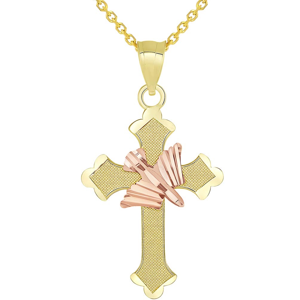 14k Yellow Gold and Rose Gold Textured Holy Spirit Dove Cross Pendant Necklace