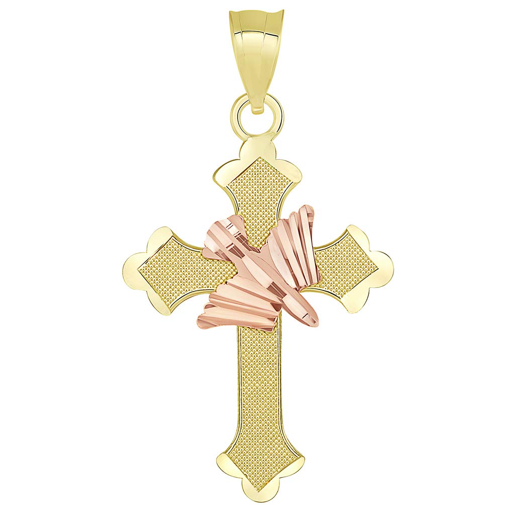 14k Yellow Gold and Rose Gold Textured Holy Spirit Dove Cross Pendant