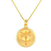 Load image into Gallery viewer, Polished 14k Yellow Gold Textured Jesus Christ Crucifix Medallion Pendant Necklace
