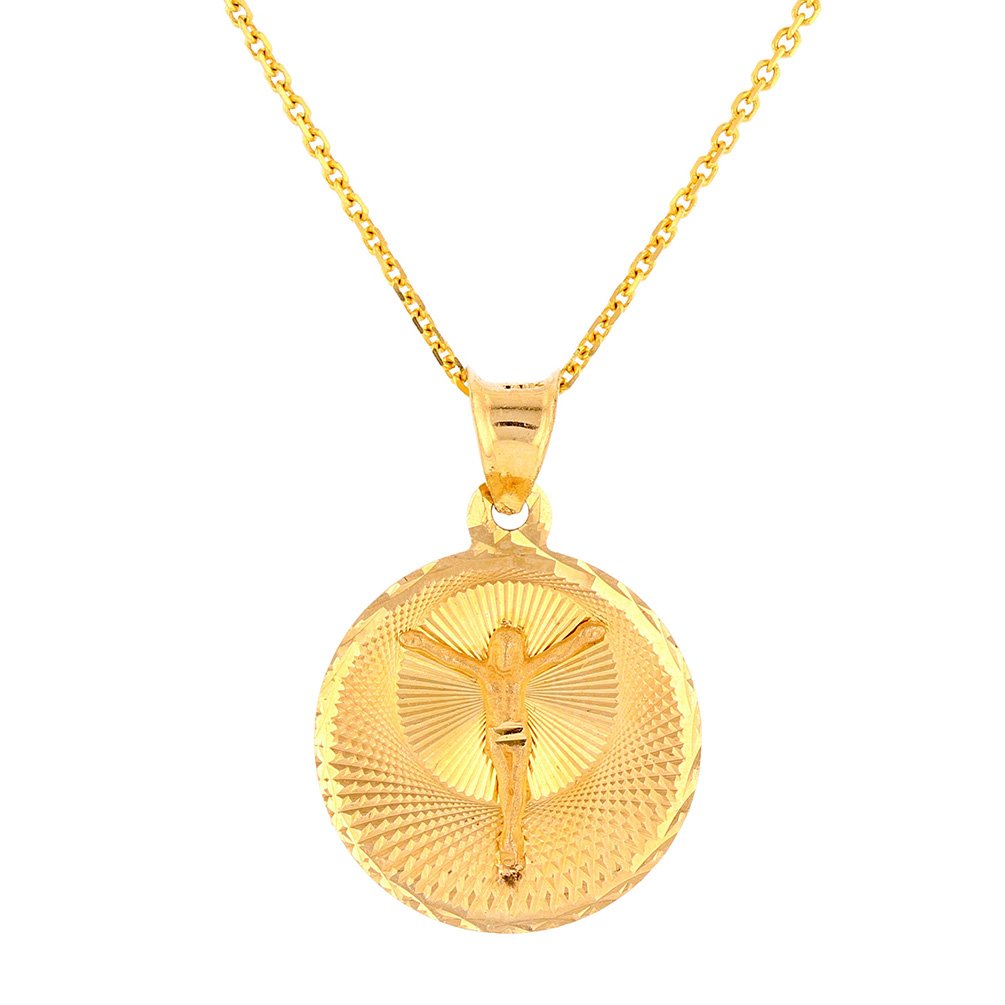 JewelryAmerica Polished 14k Yellow Gold Textured Jesus Christ Crucifix Medallion Pendant Necklace