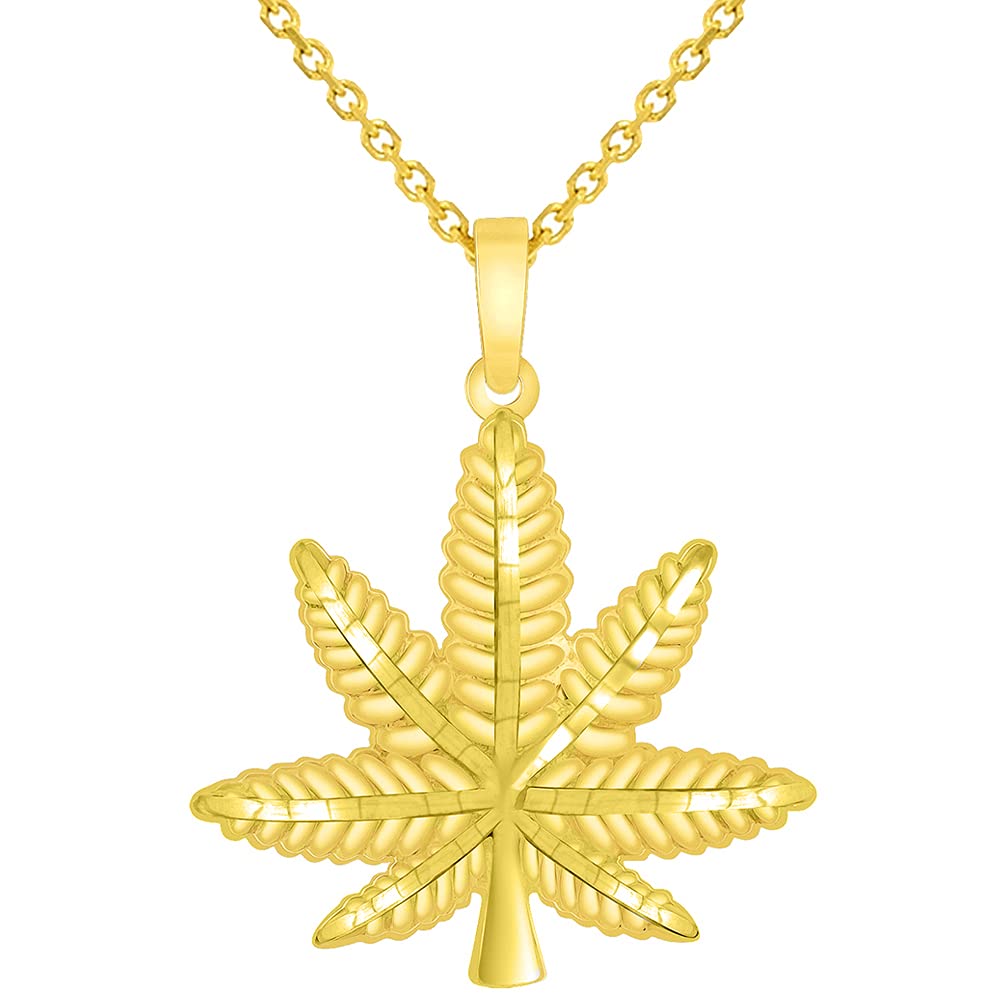 Solid 14k Yellow Gold Textured Marijuana Weed Leaf Pendant with Rolo Cable, Cuban Curb, or Figaro Chain Necklaces