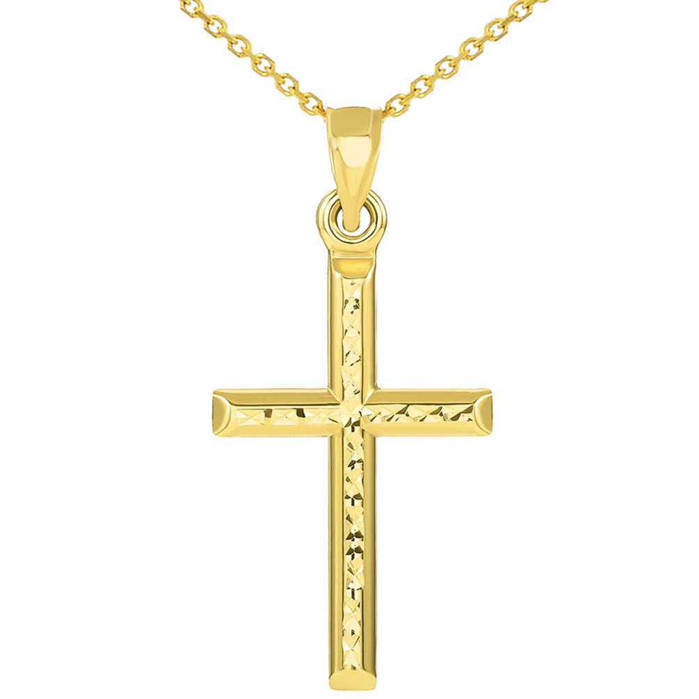 14k Yellow Gold Textured Mini Religious Classic Tube Cross Pendant Necklace
