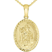 Load image into Gallery viewer, 14k Yellow Gold Textured Oval Medal of Saint Christopher Pendant Necklace Available with Rolo, Curb, or Figaro Chain

