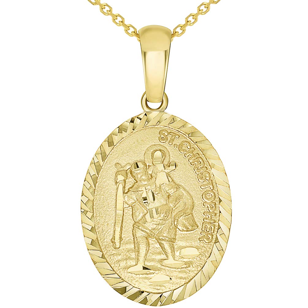 14k Yellow Gold Textured Oval Medal of Saint Christopher Pendant Necklace Available with Rolo, Curb, or Figaro Chain