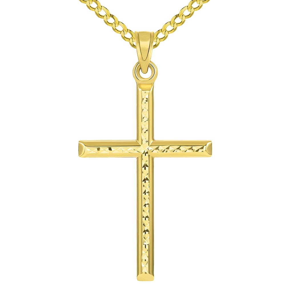 14k Yellow Gold Textured Religious Classic Tube Cross Pendant with Cuban Necklace