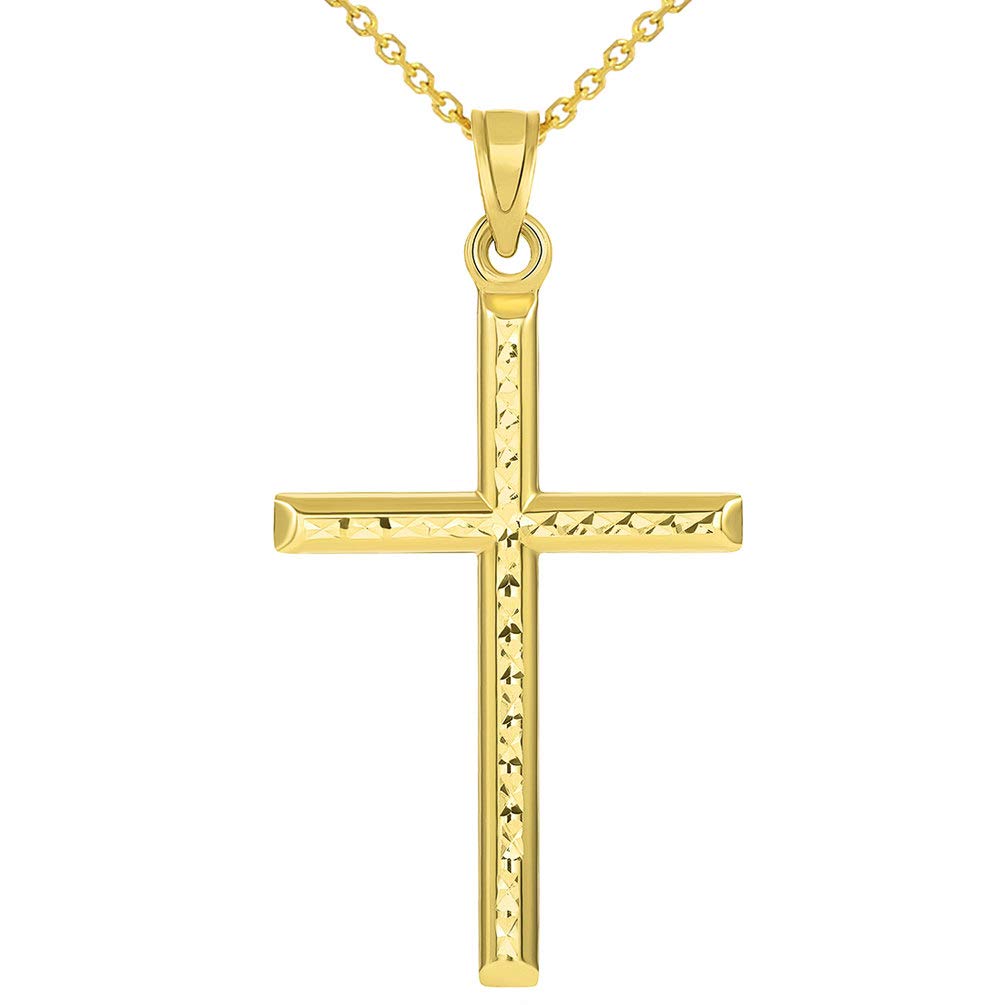 14k Yellow Gold Textured Religious Classic Tube Cross Pendant Necklace