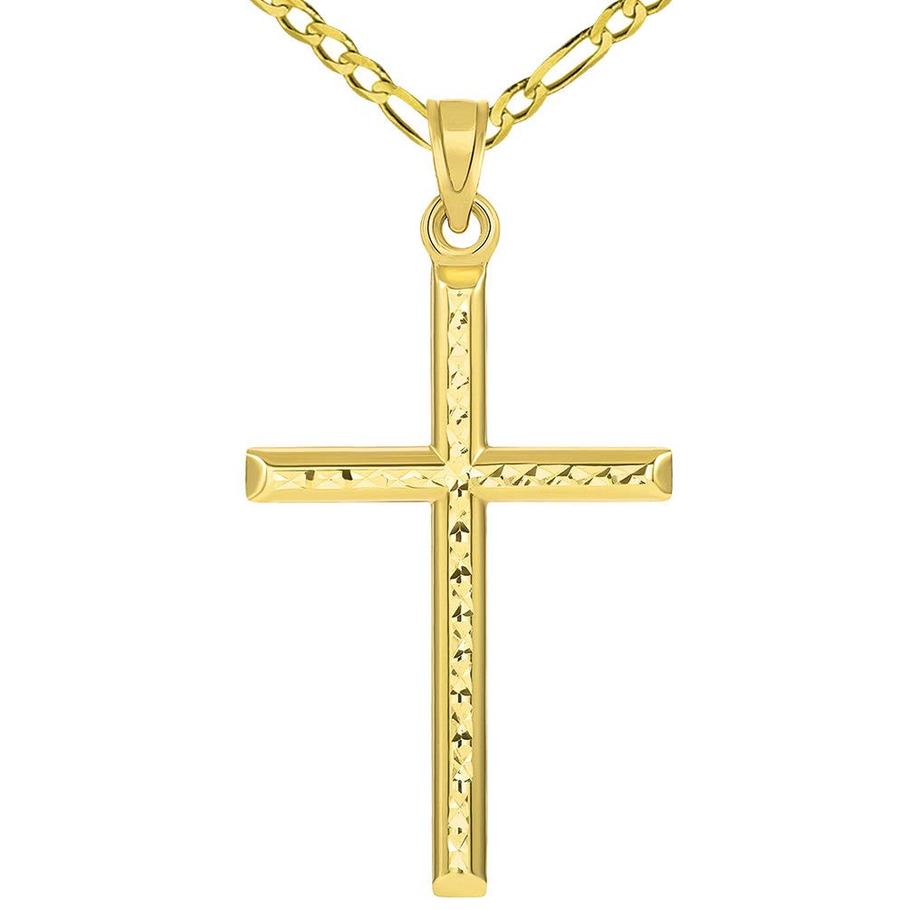 14k Yellow Gold Textured Religious Classic Tube Cross Pendant with Figaro Necklace