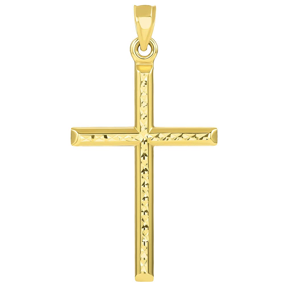 14k Yellow Gold Textured Religious Classic Tube Cross Pendant