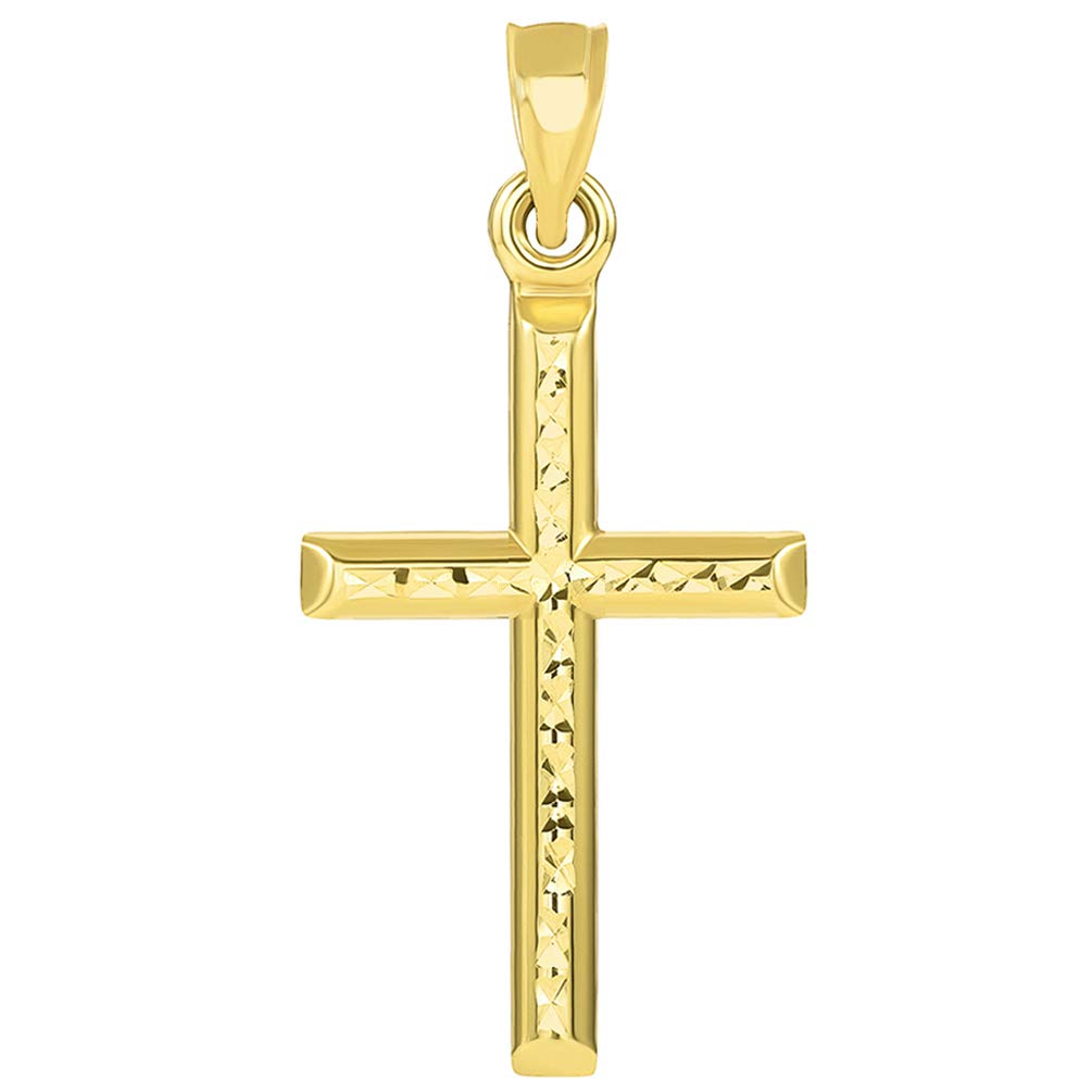 14k Yellow Gold Textured Religious Classic Tube Cross Pendant (Small)
