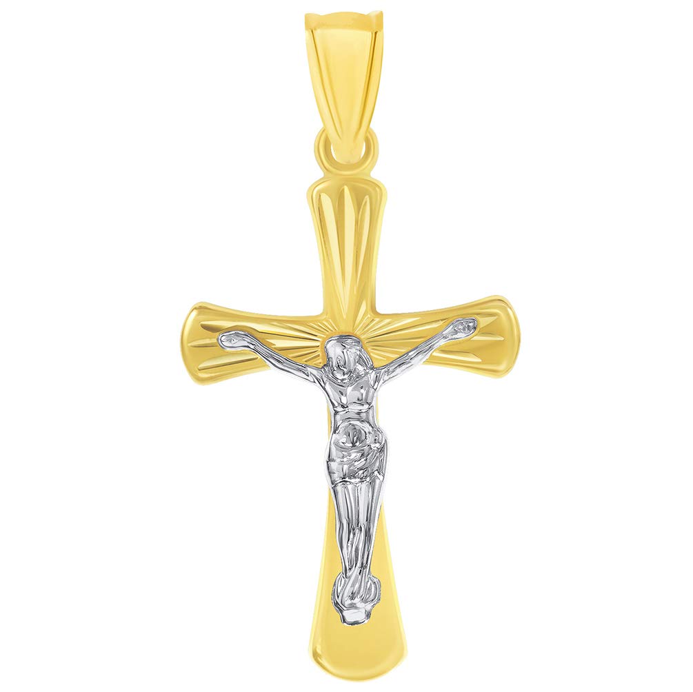 14k Gold High Polished Textured Religious Cross Jesus Crucifix Pendant - Two-Tone