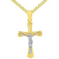 Load image into Gallery viewer, 14k Gold High Polished Textured Religious Cross Jesus Crucifix Pendant with Cuban Curb Chain Necklace - Two-Tone
